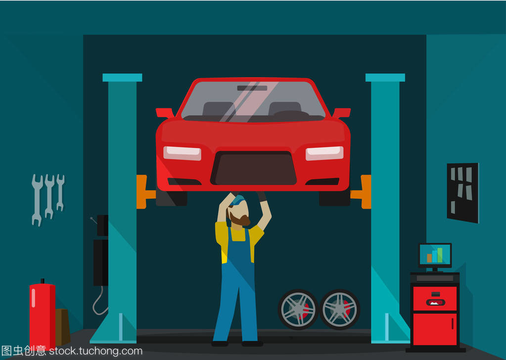 汽車維修服務中的車庫矢量圖示與機修工工作站的科學布局